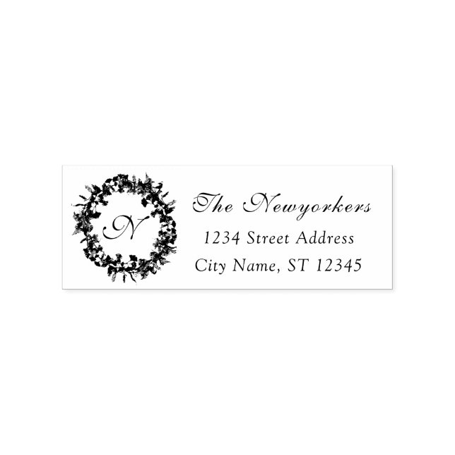 Monogram Family Name RSVP Rustic Floral Wreath Rubber Stamp (Imprint)