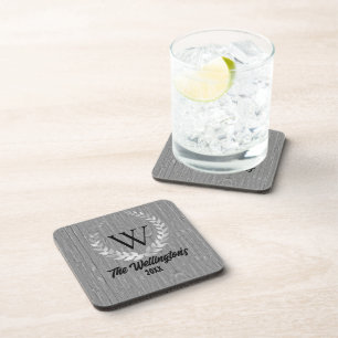 Monogram Family Name Rustic Wood Coaster