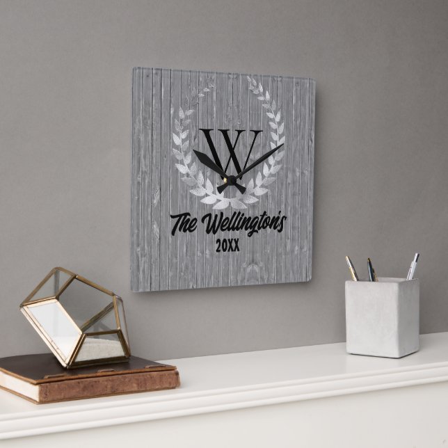 Monogram Family Name Rustic Wood Square Wall Clock (Office)