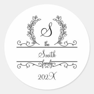 Monogram Family Name Script font Leaves  Classic Round Sticker