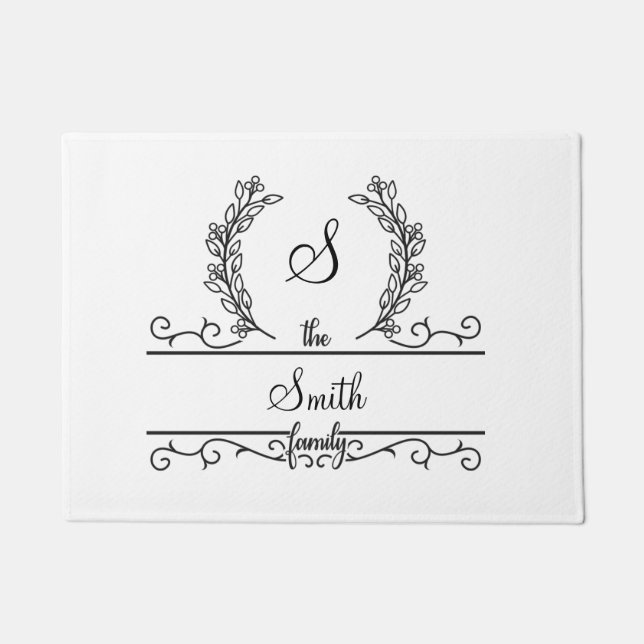Monogram Family Name Script font Leaves  Doormat (Front)