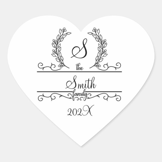 Monogram Family Name Script font Leaves  Heart Sticker (Front)