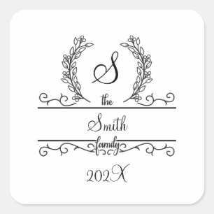 Monogram Family Name Script font Leaves  Square Sticker