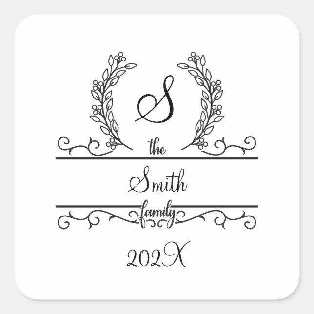 Monogram Family Name Script font Leaves  Square Sticker (Front)