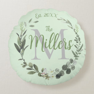  Monogram Family Name Watercolor Botanical Wreath Round Pillow