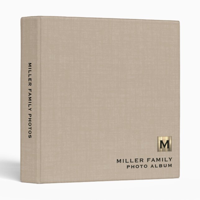 Monogram Family Photo Album Binder Beige Linen (Front/Spine)