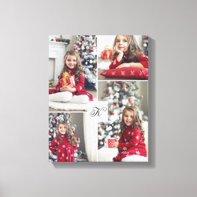 Monogram Family Photo Collage Christmas Keepsake Canvas Print (Front)