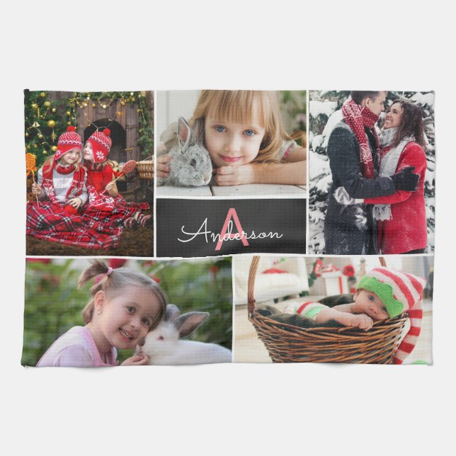 Monogram Family Photo Collage Kitchen Towel (Horizontal)