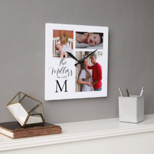Monogram Family Photo Collage   Square Wall Clock