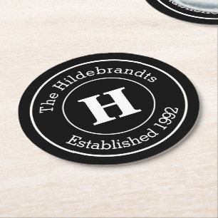 Monogram Family Surname Mod BW Personalized Round Paper Coaster