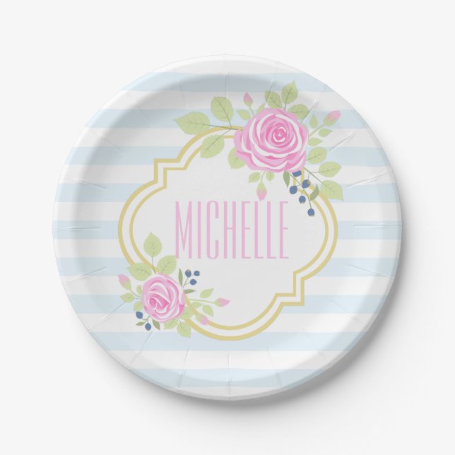Monogram Fancy Pink Roses Blueberry Paper Plates (Front)