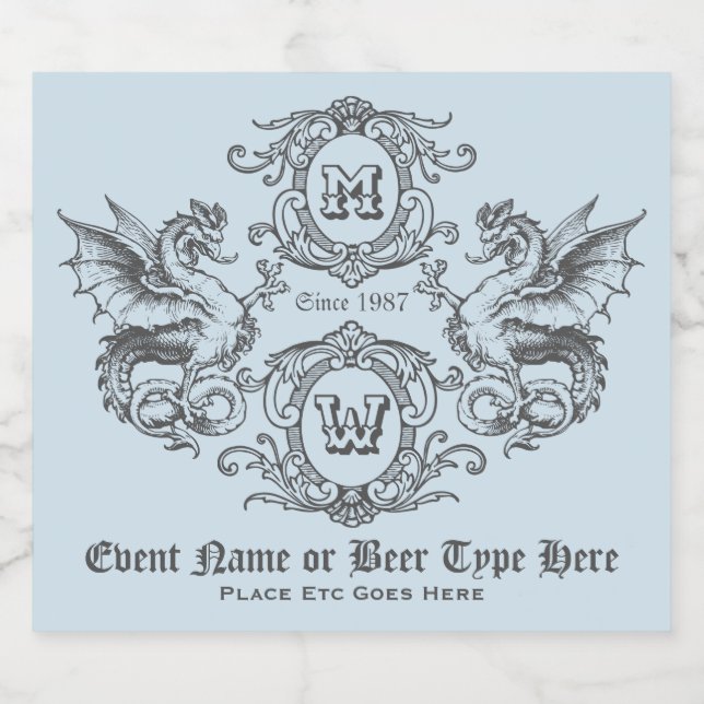 Monogram Fantasy Medieval Dragon Ornate Frame Beer Bottle Label (Single Label)