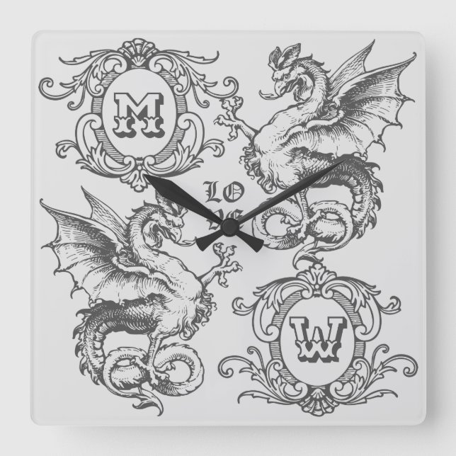 Monogram Fantasy Medieval Dragon Ornate Frame Square Wall Clock (Front)