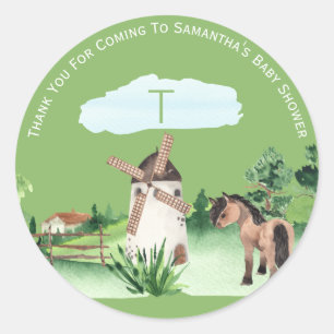  Monogram Farm Windmill Horse Boys Baby Shower   Classic Round Sticker
