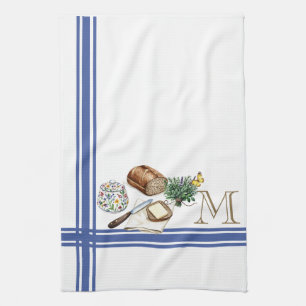 Monogram Farmhouse Kitchen Towel Blue Stripe Herbs