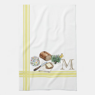 Monogram Farmhouse Kitchen Towel Gold Stripe Herbs