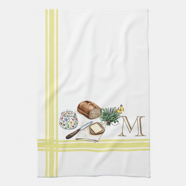 Monogram Farmhouse Kitchen Towel Gold Stripe Herbs (Vertical)