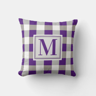 Monogram Farmhouse Purple Grey White Chequered Throw Pillow