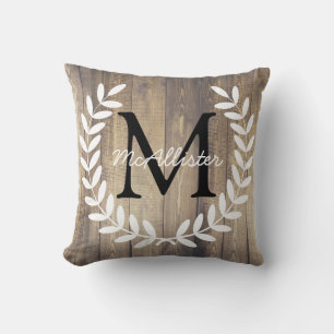 Monogram Farmhouse White Laurels Light Wood Planks Throw Pillow