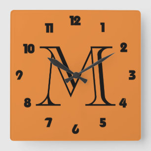 Monogram Fat Black Numbers On Orange wccn Square Wall Clock