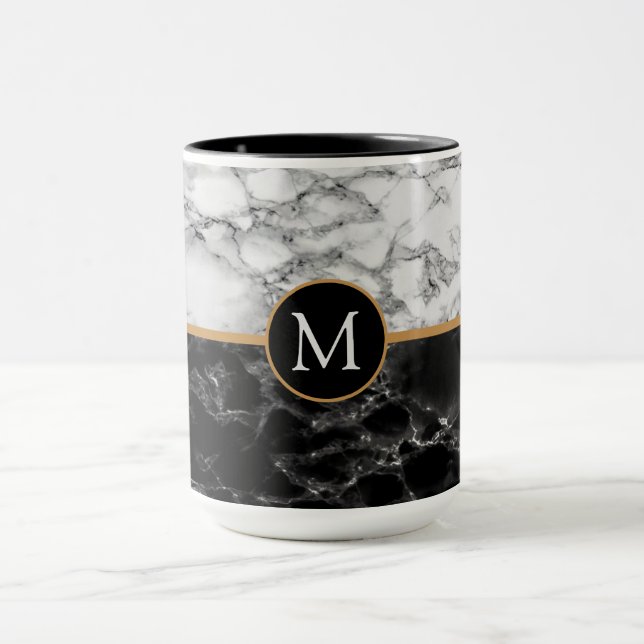 Monogram Faux Black White Marble Coffee Mug (Center)