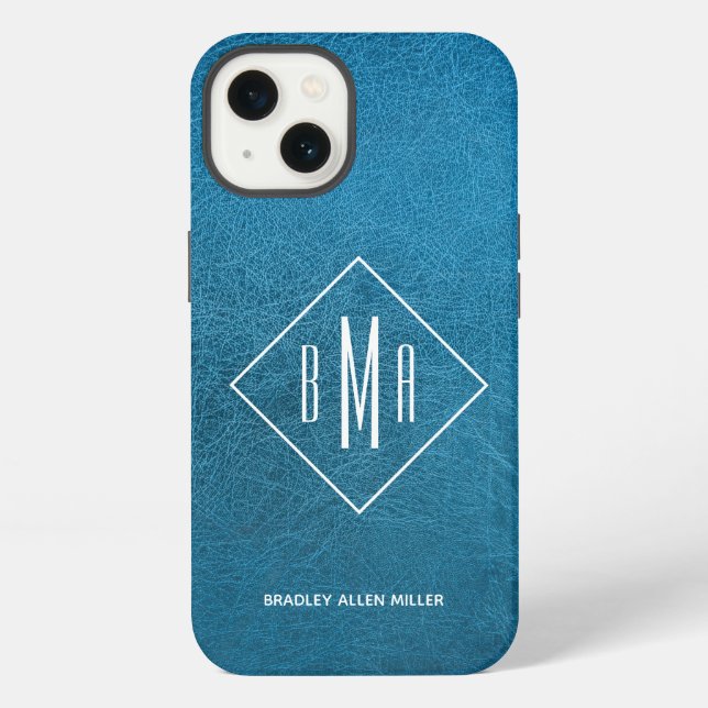 Monogram Faux Blue Leather iPhone Case (Back)