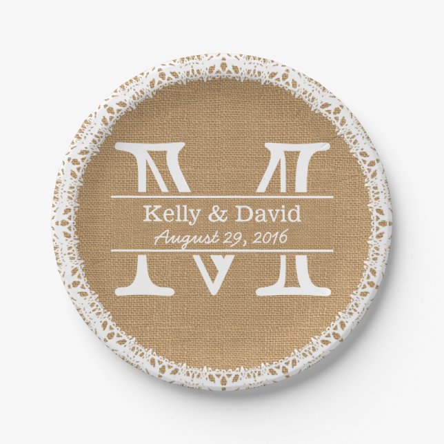 Monogram Faux Burlap & Lace Rustic Wedding Paper Plate (Front)
