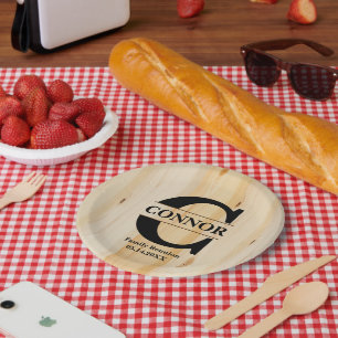 Monogram Faux Butcher Block Wood Personalized Paper Plate