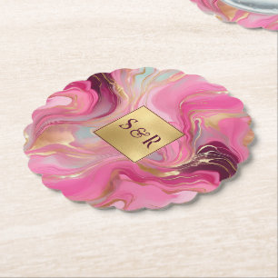 Monogram Faux Gold and Pink Marbled Wedding Paper Coaster