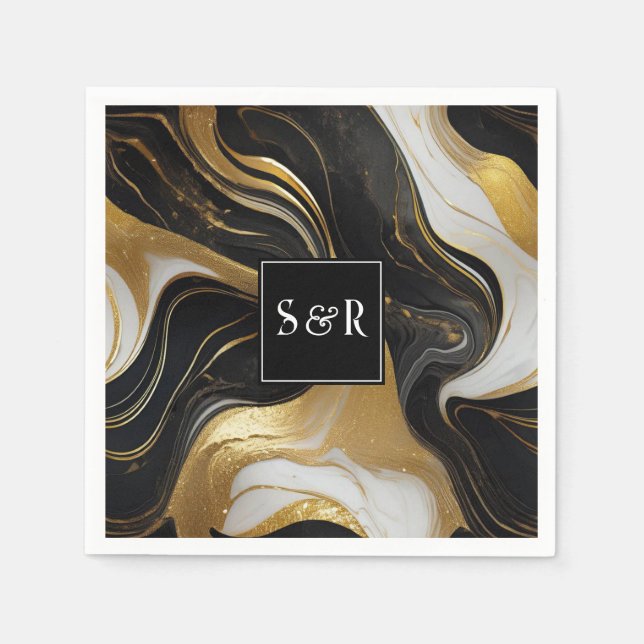 Monogram Faux Gold, Black & White Marbled Wedding Napkin (Front)