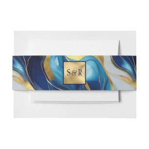 Monogram Faux Gold, Blue and White Marbled Wedding Invitation Belly Band