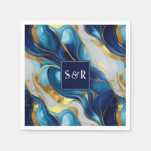 Monogram Faux Gold, Blue and White Marbled Wedding Napkin