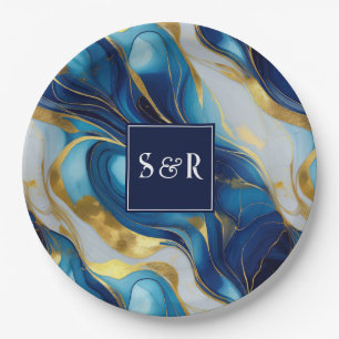 Monogram Faux Gold, Blue and White Marbled Wedding Paper Plate