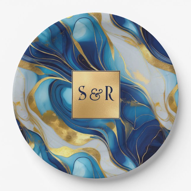 Monogram Faux Gold, Blue and White Marbled Wedding Paper Plate (Front)