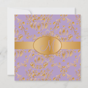 Monogram faux gold damask/lavender invitation