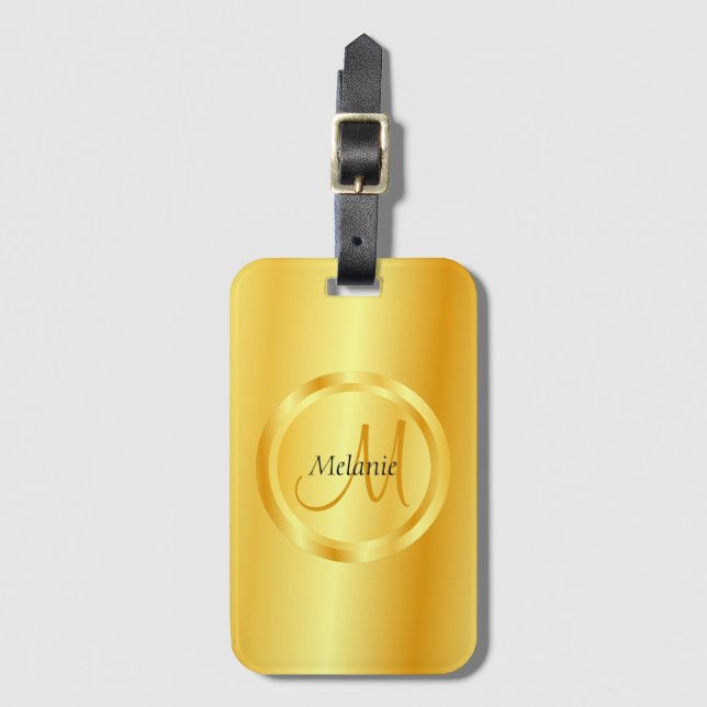 Monogram Faux Gold Elegant Modern Trendy Template Luggage Tag (Front Vertical)
