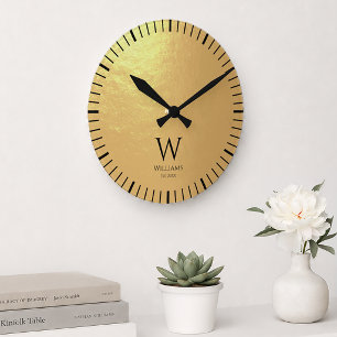 Monogram Faux Gold Foil Black Initial Custom Name Round Clock