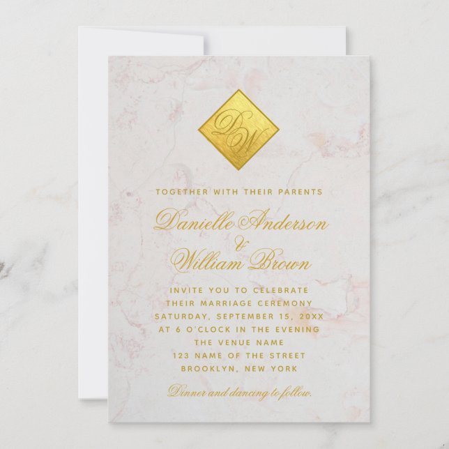 Monogram Faux Gold Foil Marble Script Wedding Invitation (Front)