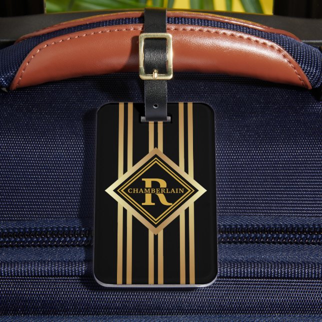 Monogram Faux Gold Geometric BLACK Luggage Tag (Front Insitu 2)