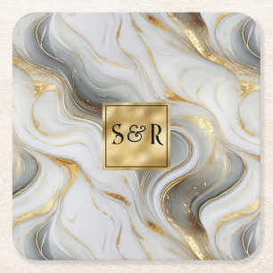 Monogram Faux Gold, Grey & White Marbled Wedding Square Paper Coaster