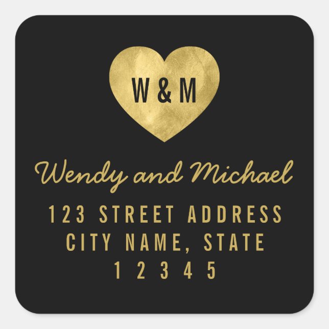 Monogram Faux Gold Heart Wedding Return Address Square Sticker (Front)