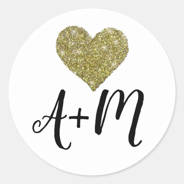 monogram faux-gold love heart wedding  classic round sticker (Front)