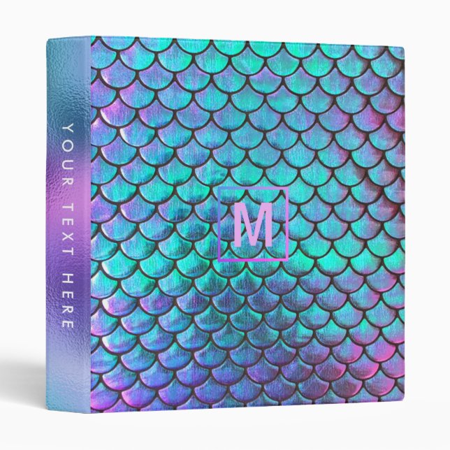 monogram  FAUX iridescent mermaid scale 3 Ring Bin Binder (Front/Spine)
