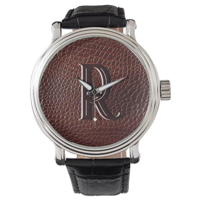 Monogram Faux Leather Brown Embossed  Watch (Front)