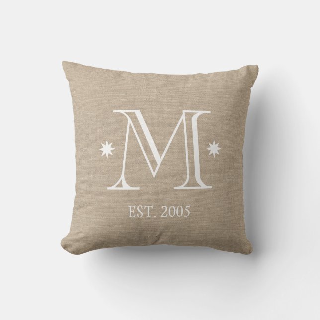 Monogram faux linen burlap rustic chic initial dat throw pillow (Front)
