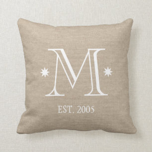 Monogram faux linen burlap rustic chic initial dat throw pillow
