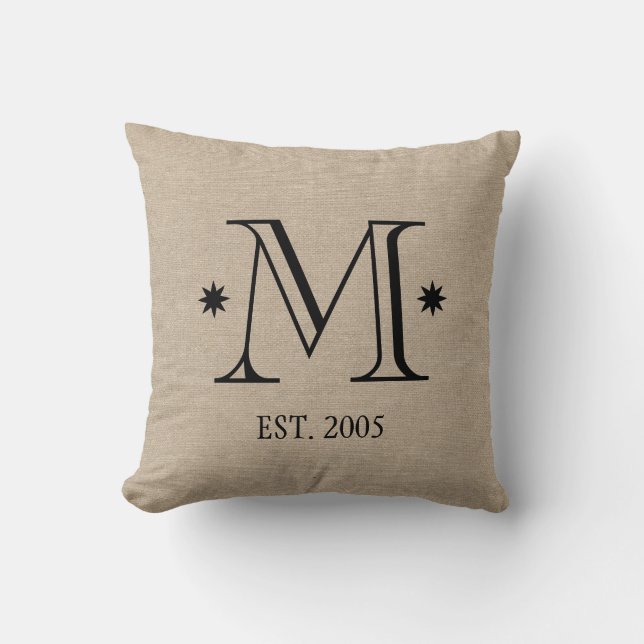Monogram faux linen burlap rustic chic initial dat throw pillow (Front)
