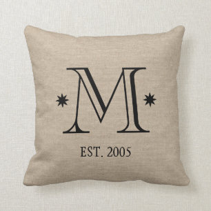 Monogram faux linen burlap rustic chic initial dat throw pillow