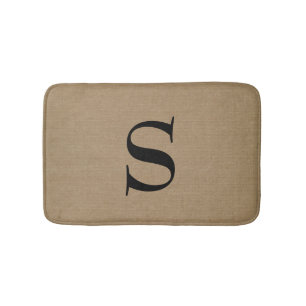 Monogram faux linen burlap rustic chic initial jut bath mat