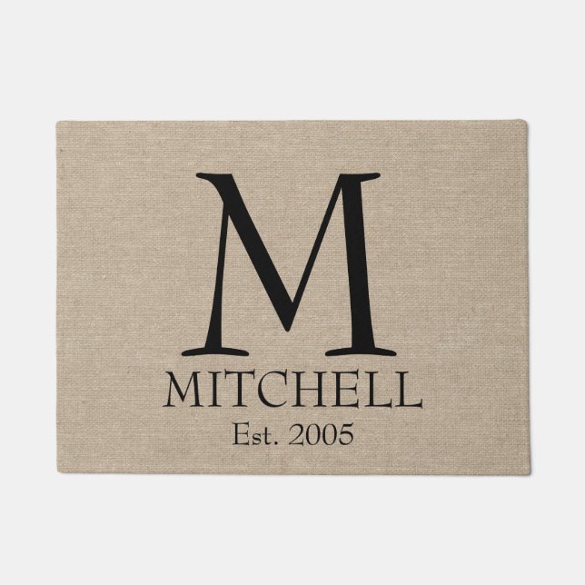 Monogram faux linen burlap rustic chic initial jut doormat (Front)